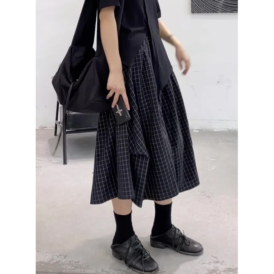 GFW【格控捏褶】日系不规则a字复古大码显瘦微胖定制黑色格子半身裙
