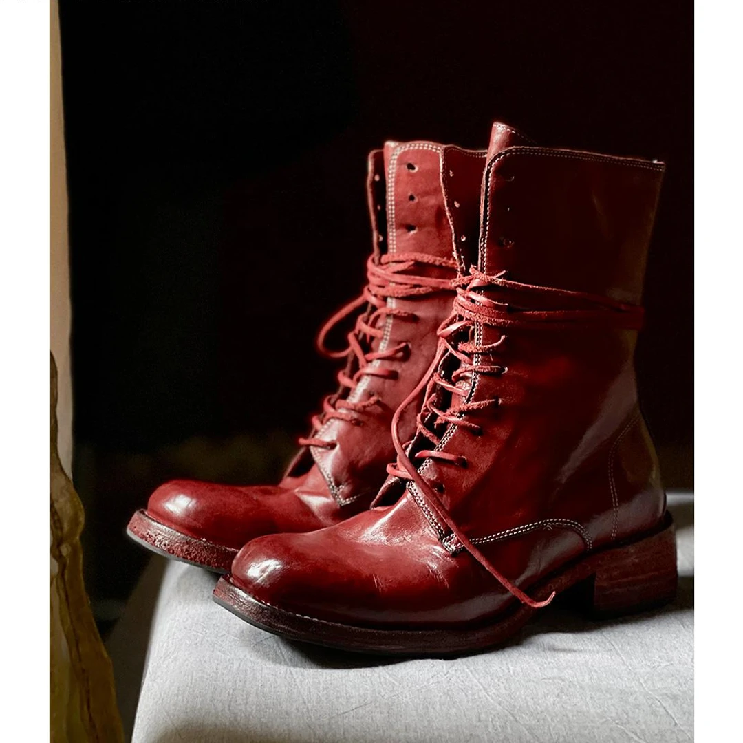 高档舒适时尚原创进口水洗马皮靴子绑带马丁靴女新款粗跟短靴红色