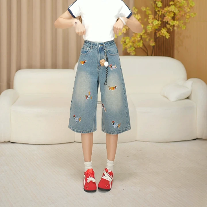 2025夏季新款高腰刺绣七分裤薄款宽松直筒休闲百搭复古女牛仔裤
