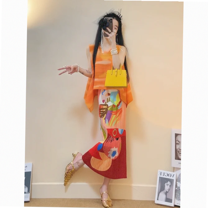半身裙时尚印花褶皱百褶半裙高腰显瘦字裙2024夏季新款套装女