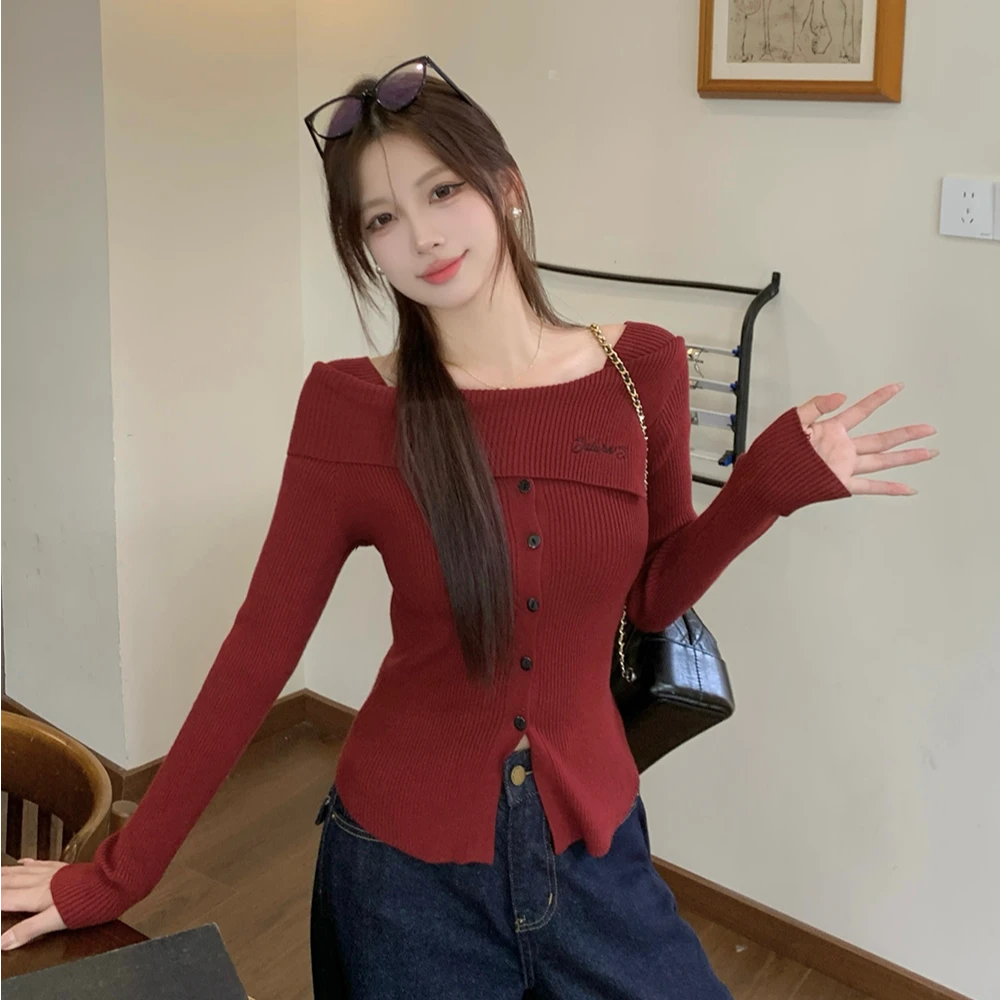 一字肩美式辣妹纯欲保暖套头针织衫百搭休闲潮2025秋季新款大码女