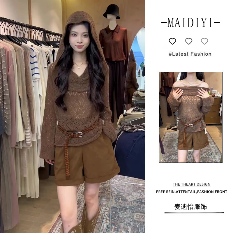 【新款】2025早秋气质镂空复古连帽设计感女上衣百搭时尚短裤两件套