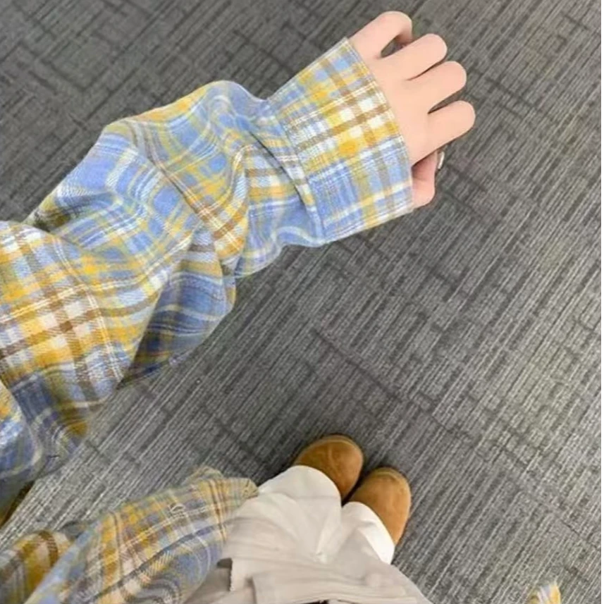 浅蓝格子衬衫女长袖高级感衬衣秋季新款慵懒外套韩版宽松外穿百搭