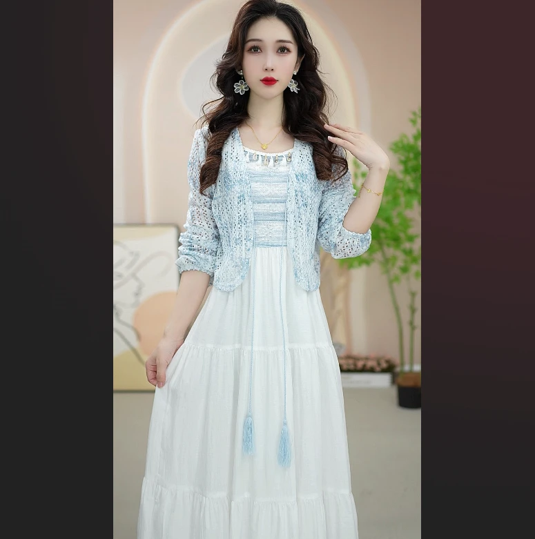 两件套高腰夏季常规极简风纯色连衣裙时尚长裙蕾丝复古显瘦气质