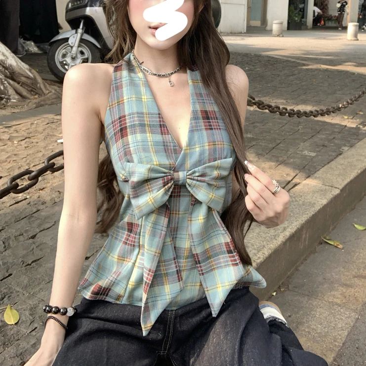 格纹v领衬衫背心女夏季法式蝴蝶结气质挂脖绑带露背短款无袖上衣