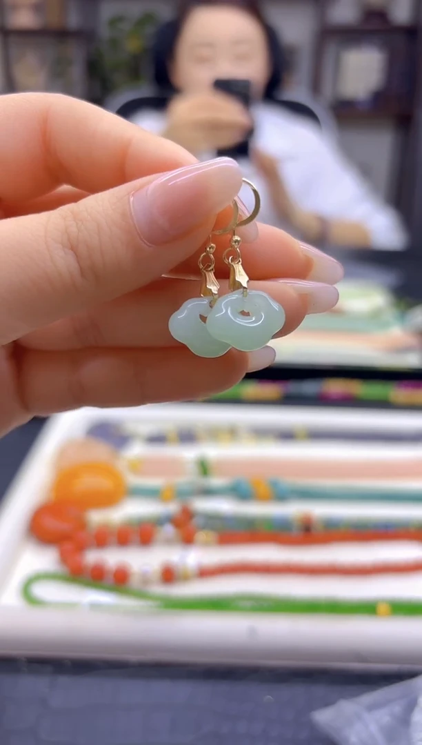 14K金镶嵌和田玉耳饰DIY款E869