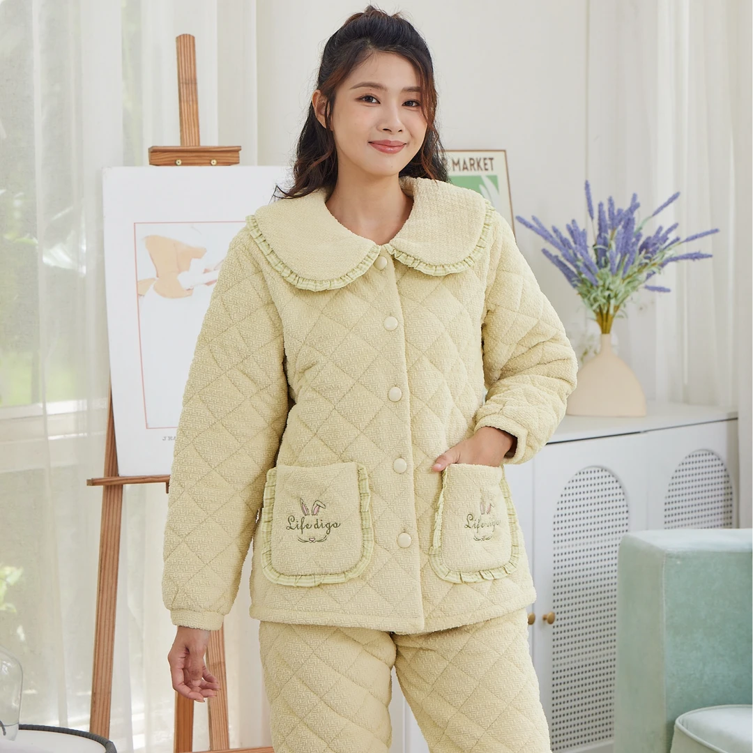 玉康夹棉三层加厚保暖家居服加厚家居服套装秋冬季冬睡衣居家