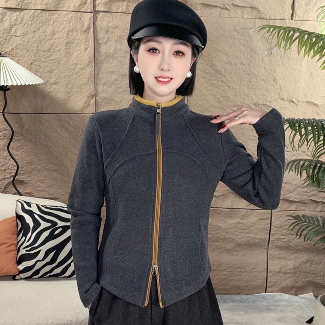 新款拉链拼色加厚双面绒加厚米妮绒开衫肩线气质百搭女上衣小立领