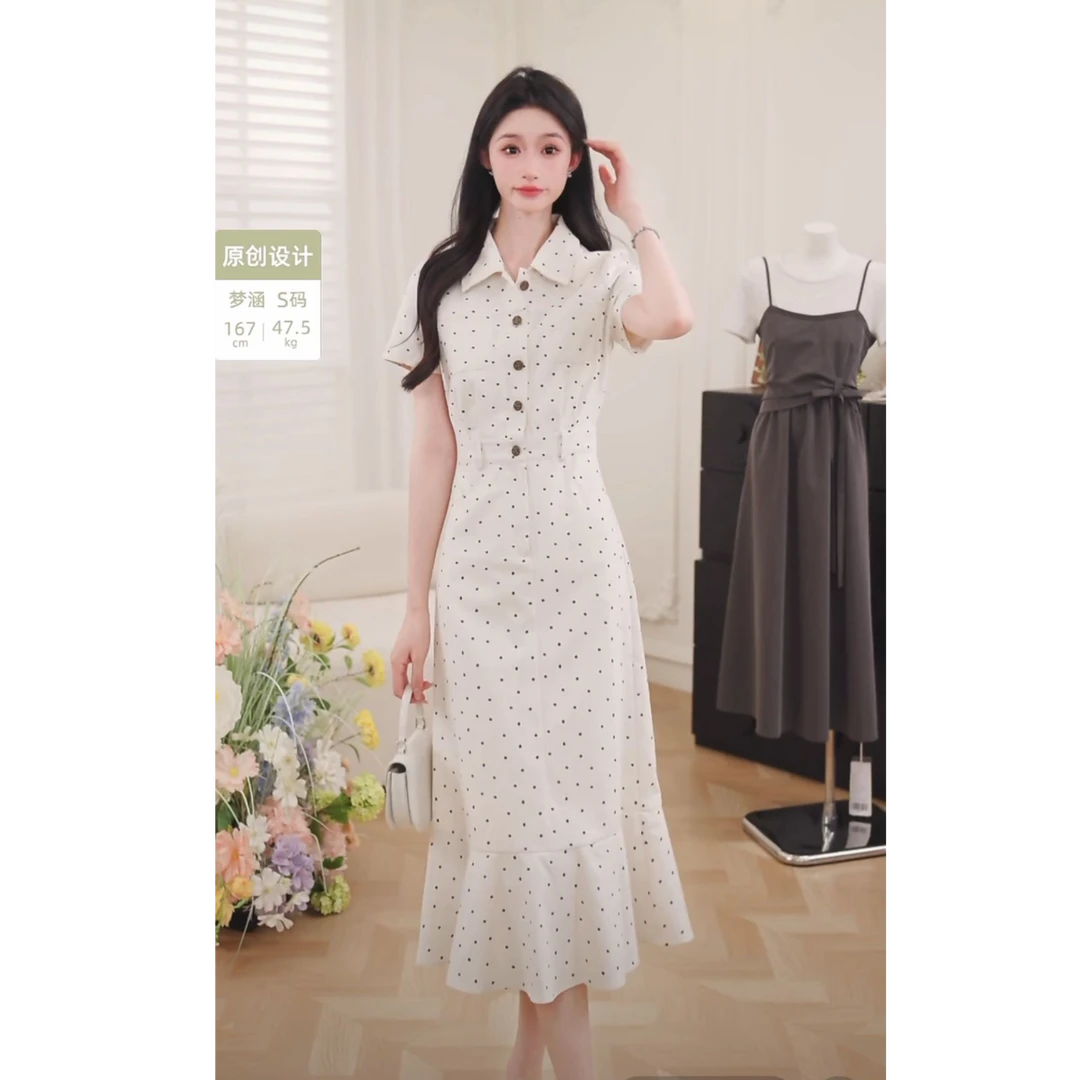鹿向南【花漾波点】复古长裙2025年夏季新款法式波点连衣裙