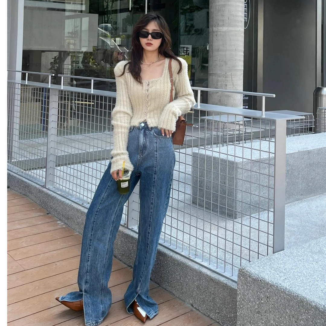 韩版2025秋冬新款方领针织衫长袖短款上衣女慵懒风显瘦修身毛衣潮