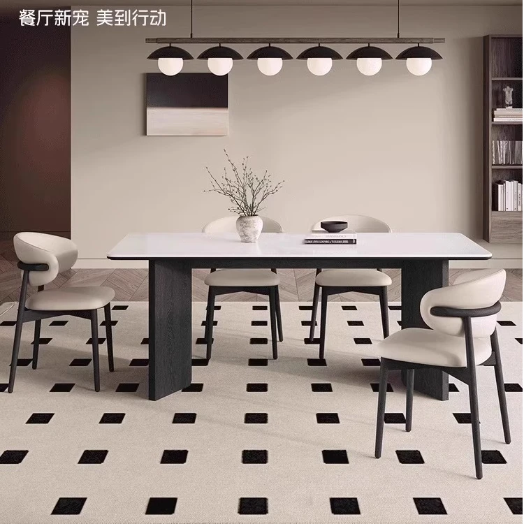 侘寂风实木餐桌意式餐椅组合家用餐厅吃饭桌白蜡木长方形岩板餐桌