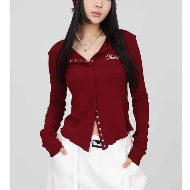 HY街舞潮牌按扣小衫黑白显瘦长袖辣妹ins欧美款