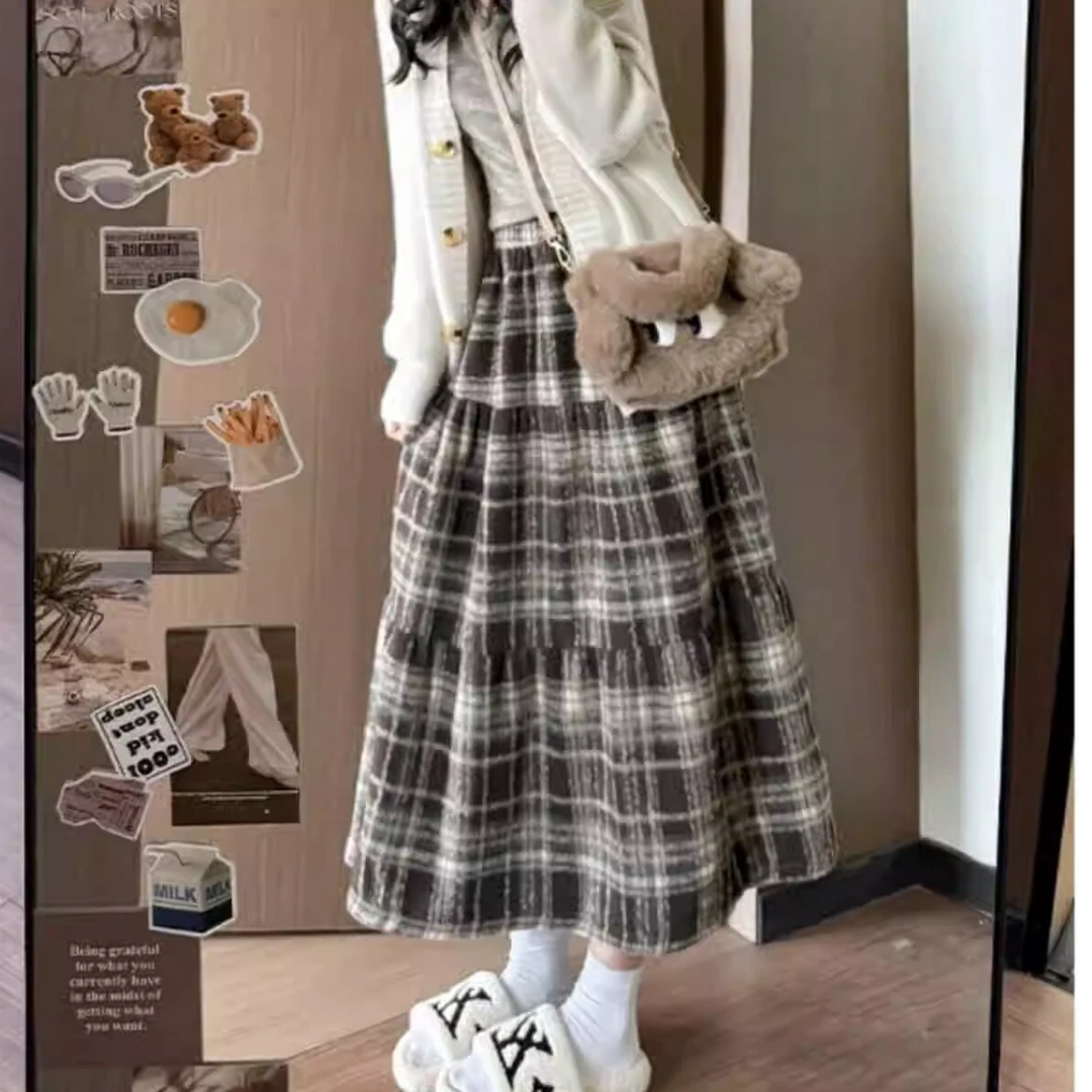 秋冬款韩系ins风格子长裙大码半身裙梨形身材显瘦裙子秋冬款