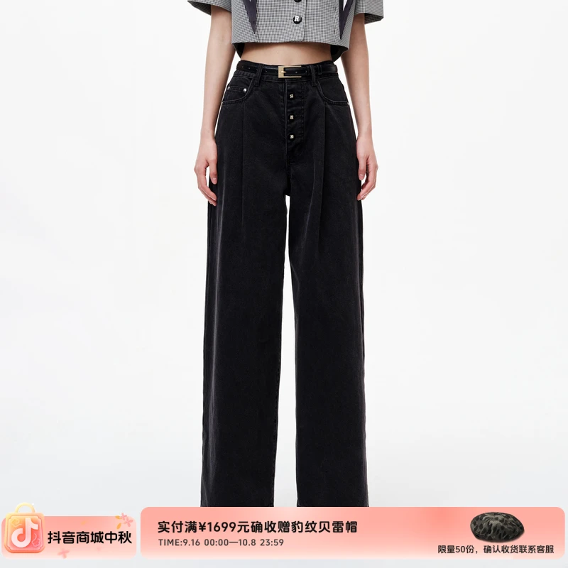 REVAN芮范新品设计师款街头风黑色牛仔阔腿裤RN31302223