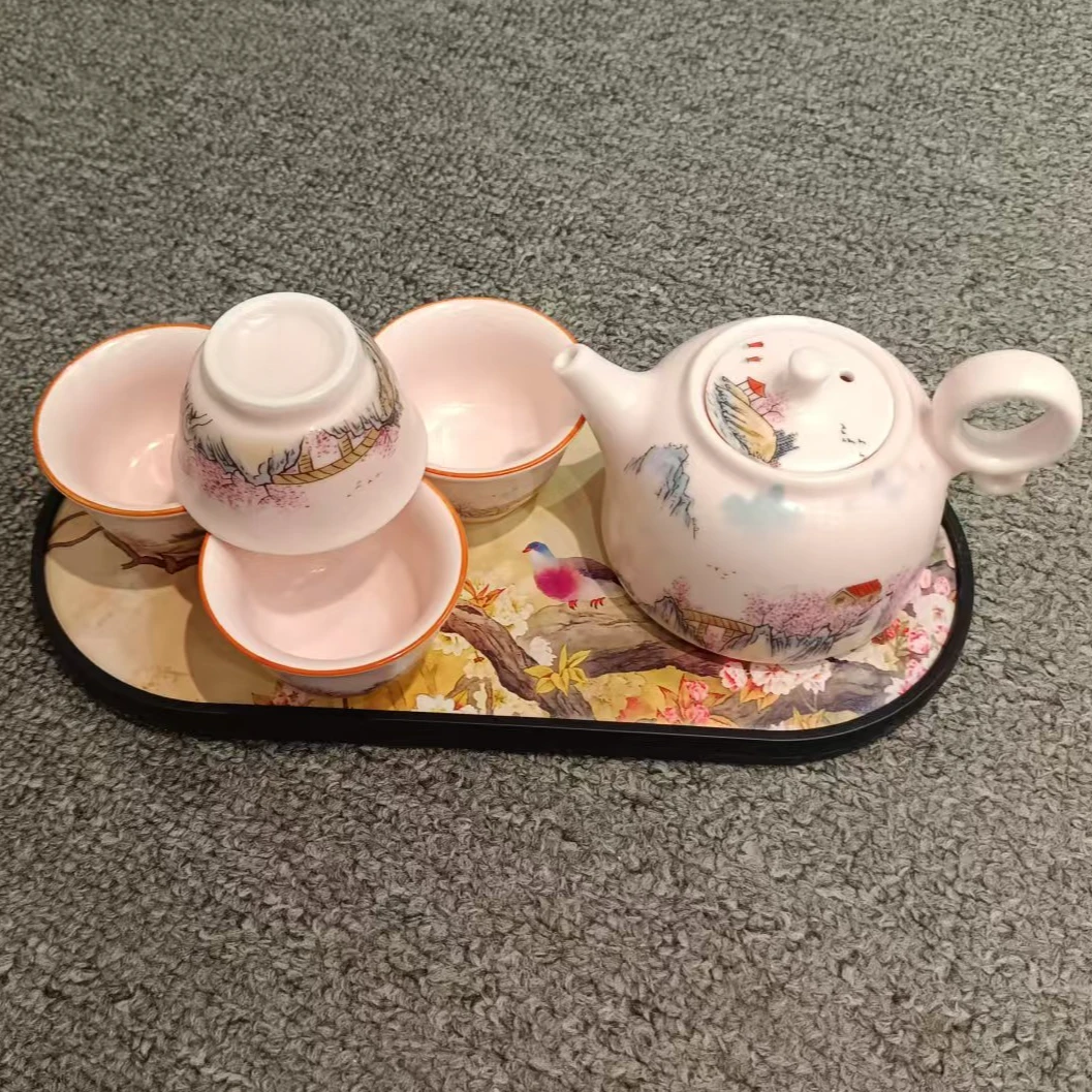 ZH2590-村野粉汝窑壶带四杯（配喜上眉梢吸水干泡茶盘）手工轻奢