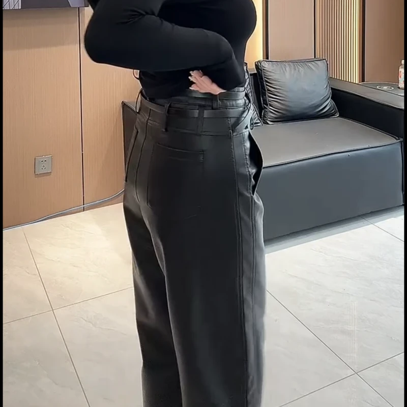 2025秋冬季新款九分PU高腰宽松显瘦双腰带软皮裤女九分阔腿裤