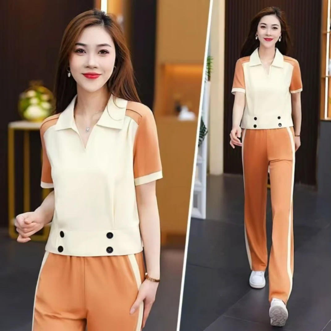 2025夏季新款休闲运动服套装女翻领拼色时尚韩版减龄洋气两件套潮
