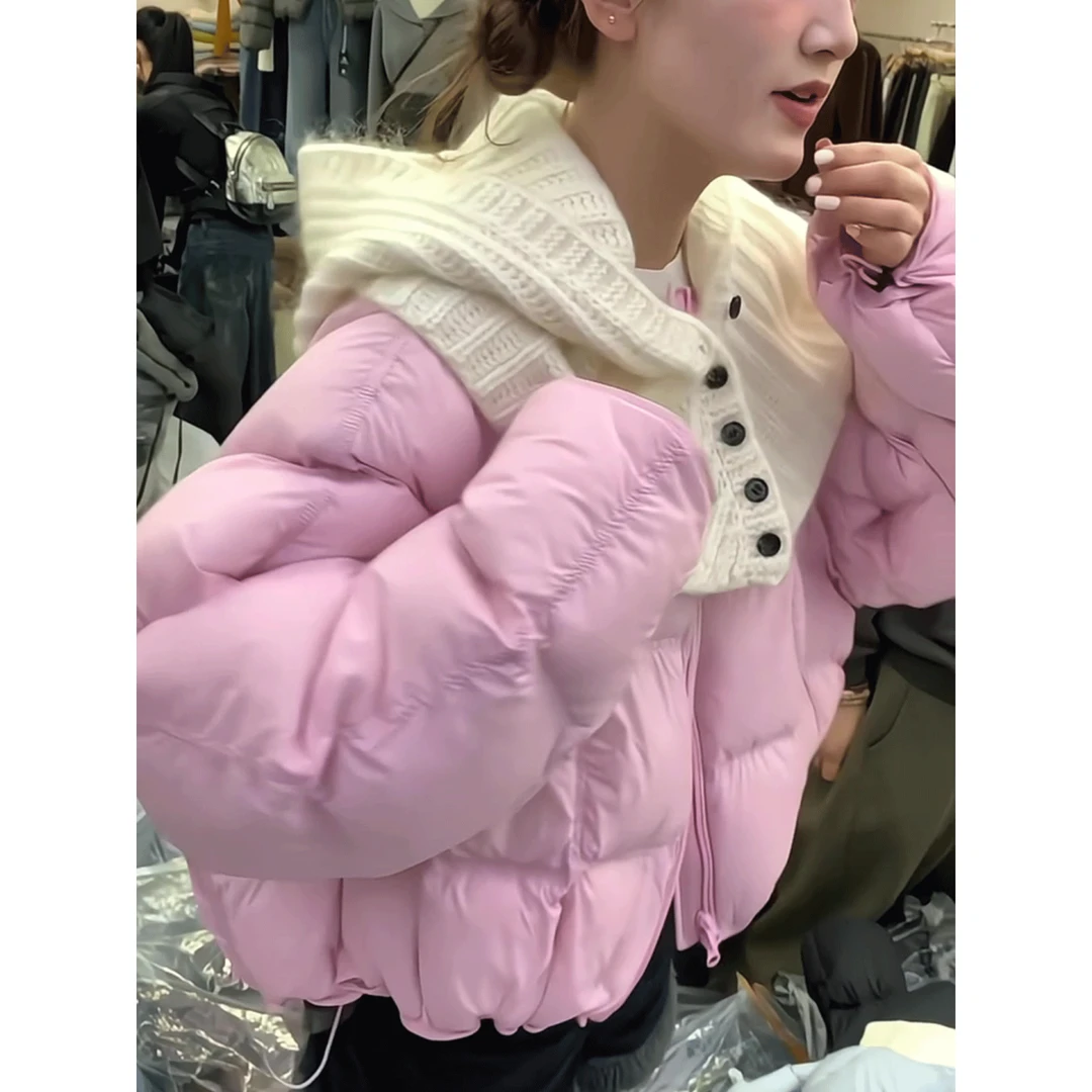 韩版宽松圆领保暖拉链面包服女冬季显瘦棉衣棉服搭配针织连帽披肩