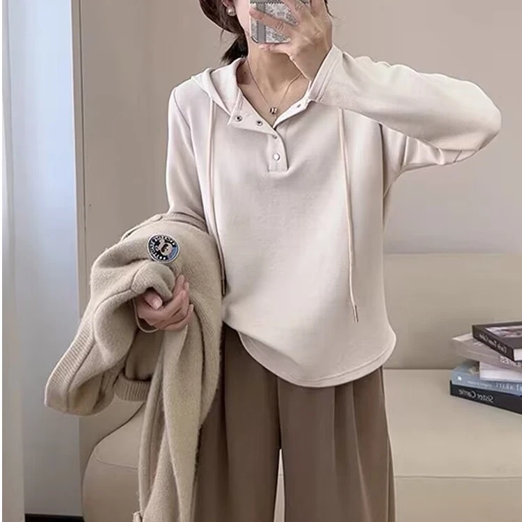 大码百搭连帽抽绳卫衣女秋季新款韩系松弛感宽松胖MM显瘦长袖上衣