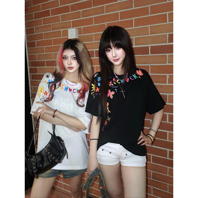 美式高街复古卡通趣味字母印花短袖t恤街头设计感宽松版半袖上衣