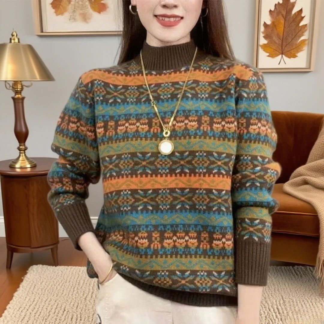 100%纯羊毛羊毛衫女秋冬爆款条纹提花毛衣宽松半高领妈妈装打底衫