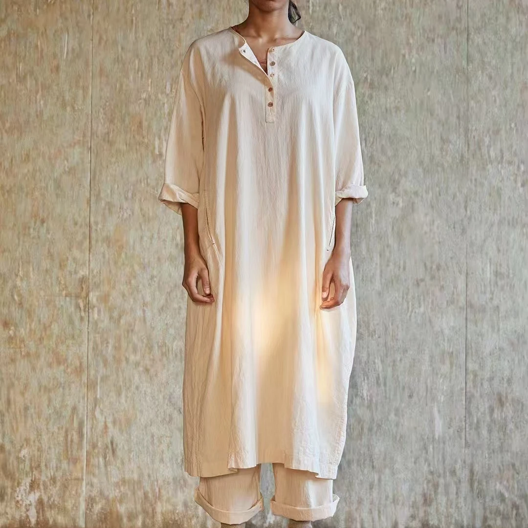 25SS5014 棉苎麻连衣裙袍子半开领植物染自然原创