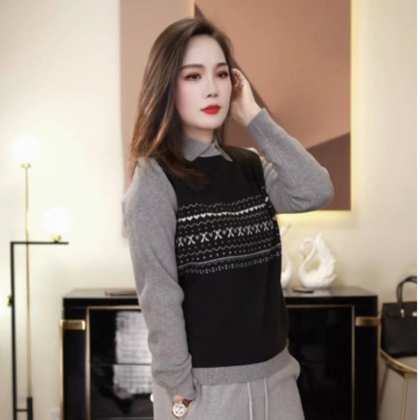 【老板娘专属】新糯米绒翻领假两件设计感时尚百搭长袖显瘦女士上衣