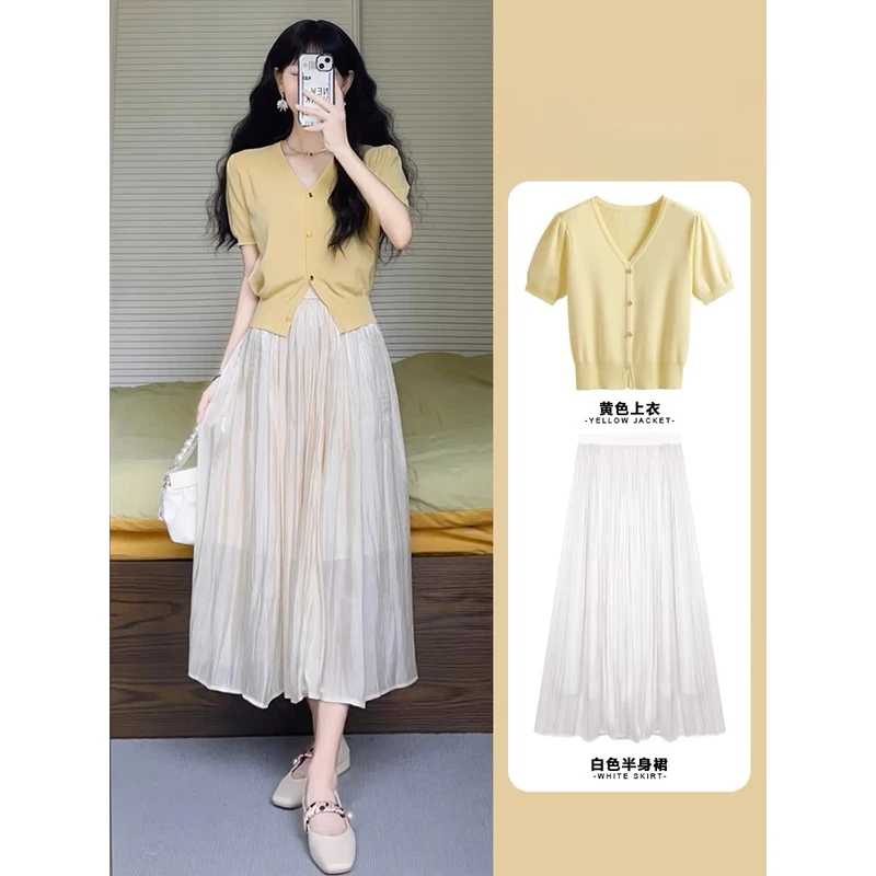 一整套2025夏季茶系穿搭别致绝美连衣裙子套装女网红洋气炸街女装