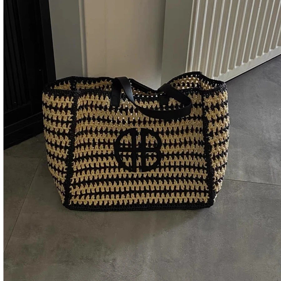 拉菲草编拼色托特包凹造型大容量慵懒风沙滩包手提单肩大包子母包