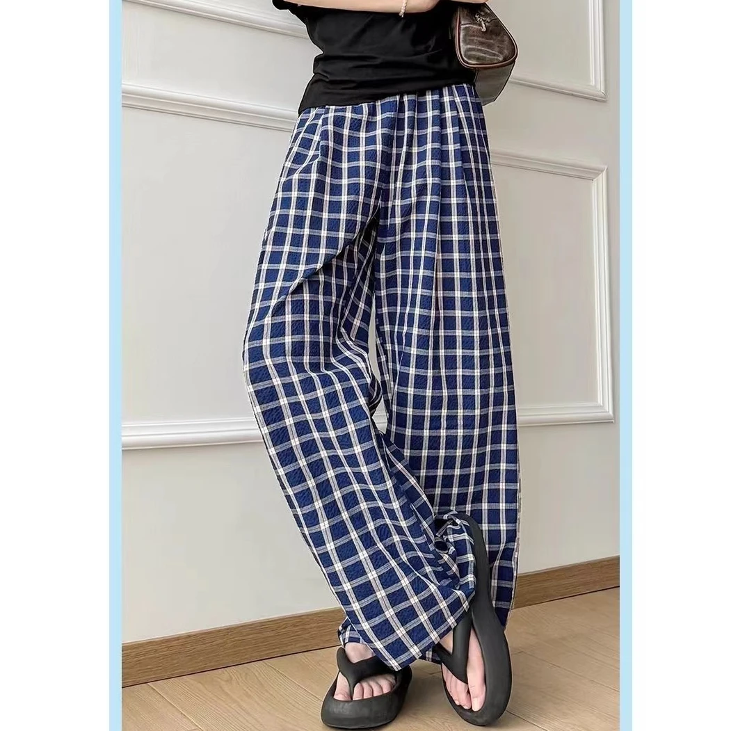 纯棉夏季直筒格子裤高腰阔腿裤垂感宽松显瘦时尚松紧裤子拖地裤女