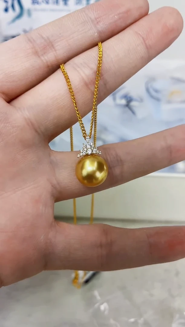 18K金镶嵌DA海水珍珠金珠吊坠12-13 x011