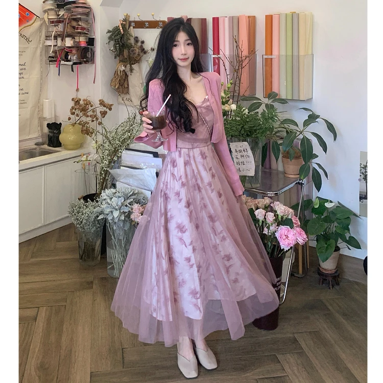 3643 春新款大码长袖开衫+微胖吊带网纱裙两件套