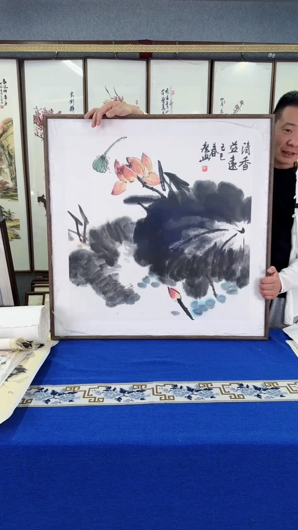 国画荷花 实木装裱 83*83