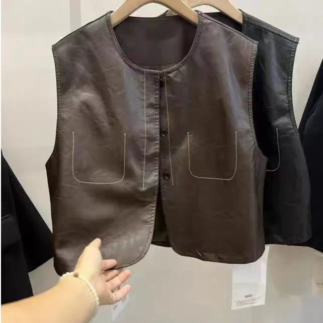 原版定制pu皮衣马甲秋季设计感洋气圆领上衣透气简约马夹