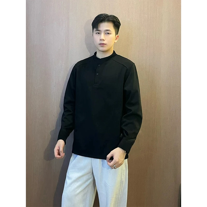 黑色美式亨利领长袖t恤男款秋季重磅正肩卫衣cleanfit内搭打底衫