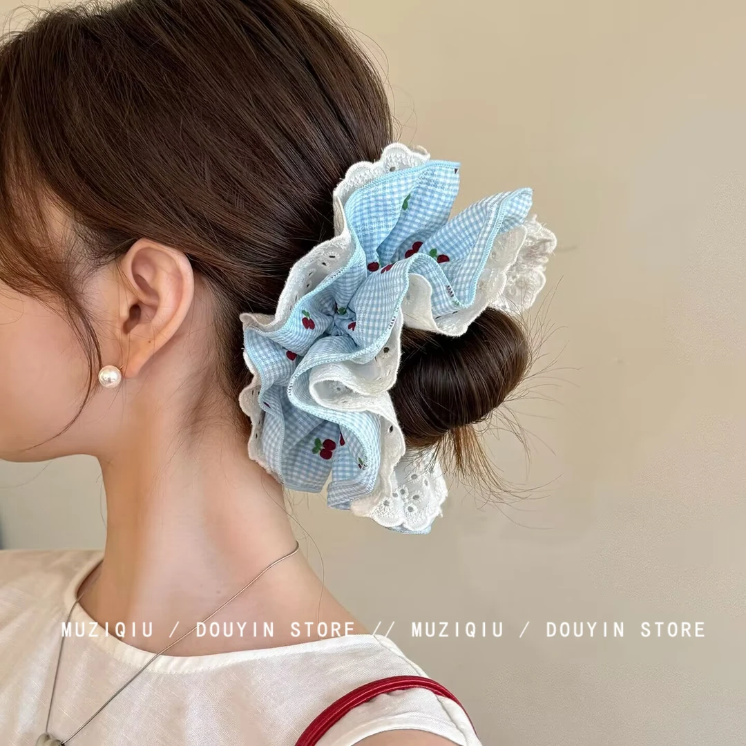 木子秋韩系高级感樱桃格子蕾丝大肠发圈精致优雅气质时尚温柔发饰