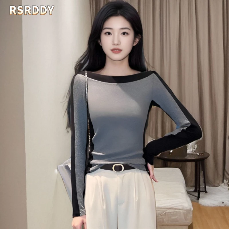 RSRDDY一字领撞色长袖T恤女春秋冬季新款修身百搭高级感拼接上衣