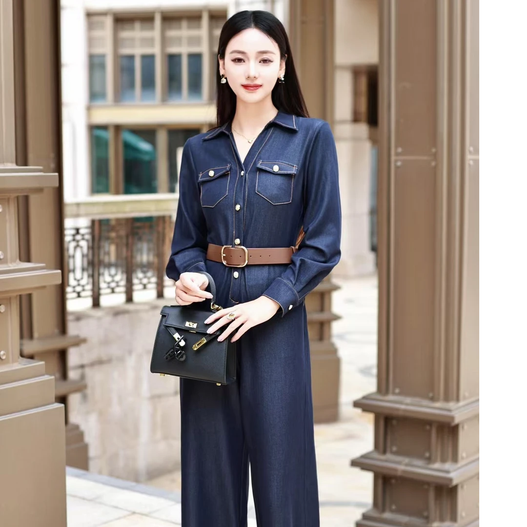 南油春季新款高定衬衫领显瘦设计感时尚连体裤6335