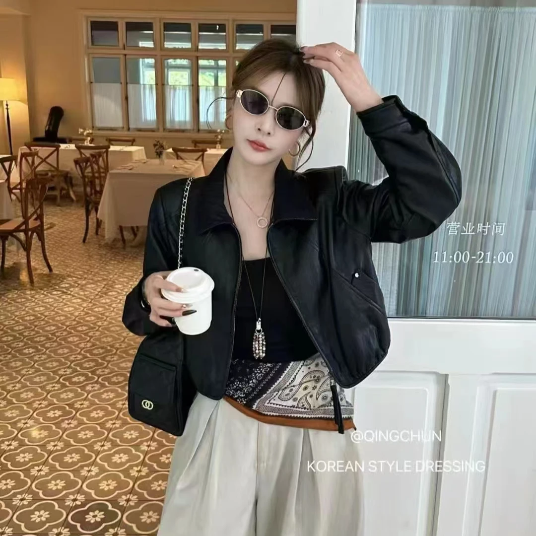 L S 短款休闲皮衣 常规口袋设计师秋季上衣标准夹克皮衣短款翻领