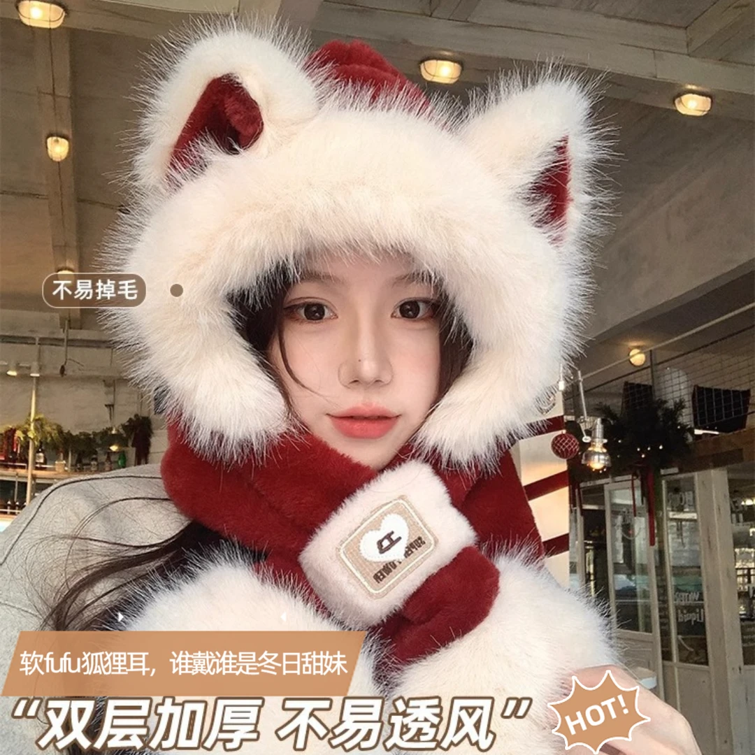 冬天红色帽子围脖围巾一体加厚冬季保暖可爱狐狸耳秋冬帽子女款