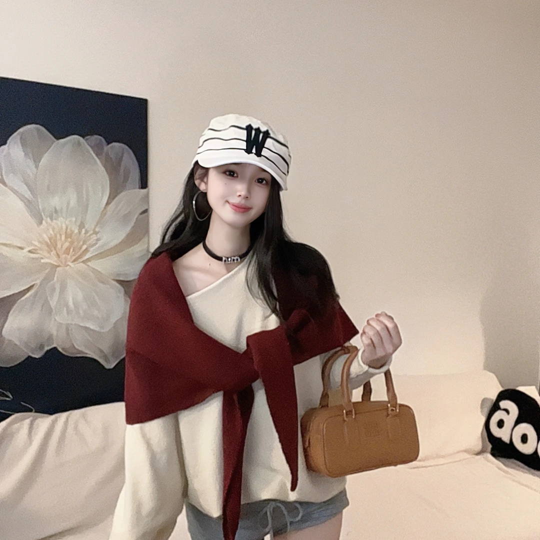 韩版新款纯色交叉针织披肩女冬季时尚百搭保暖护颈椎围脖外搭坎肩