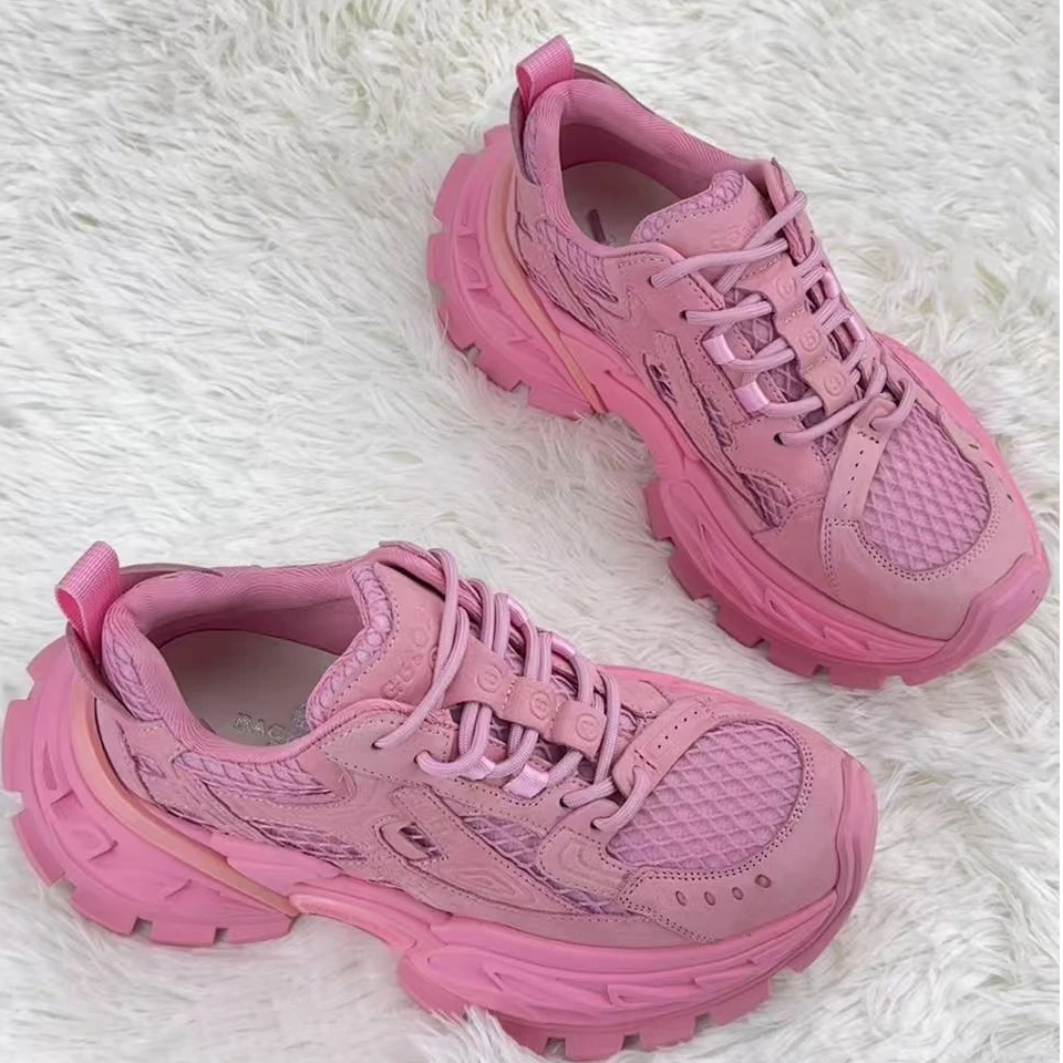 欧洲站女春季新款真皮网面系带松糕厚底休闲百搭男士小白鞋