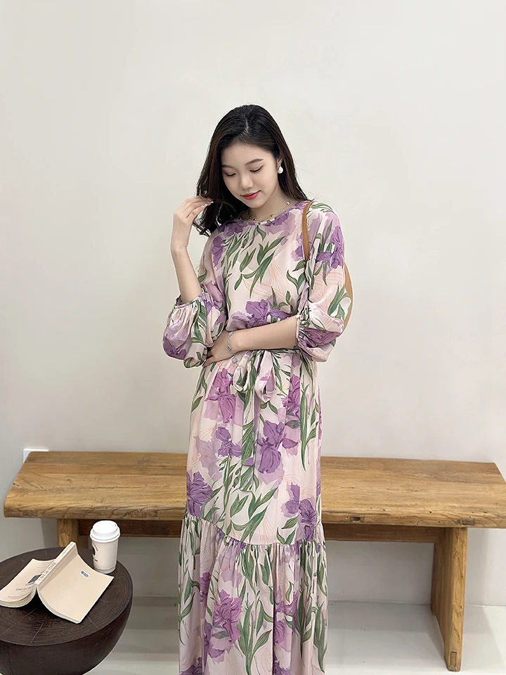 【南法庄园】法式碎花度假风中长裙女长袖印花连衣裙-TOP10615