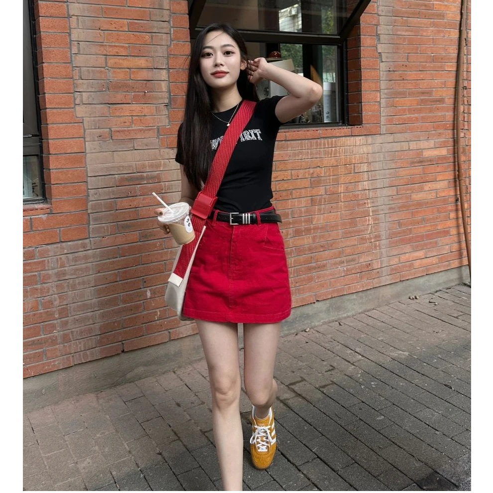 美式复古红色A字牛仔半身裙裤女夏季高街设计感宽松显瘦阔腿裤子