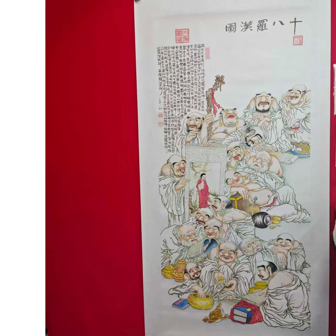 李新社手绘宣纸四尺竖幅十八罗汉-人物画