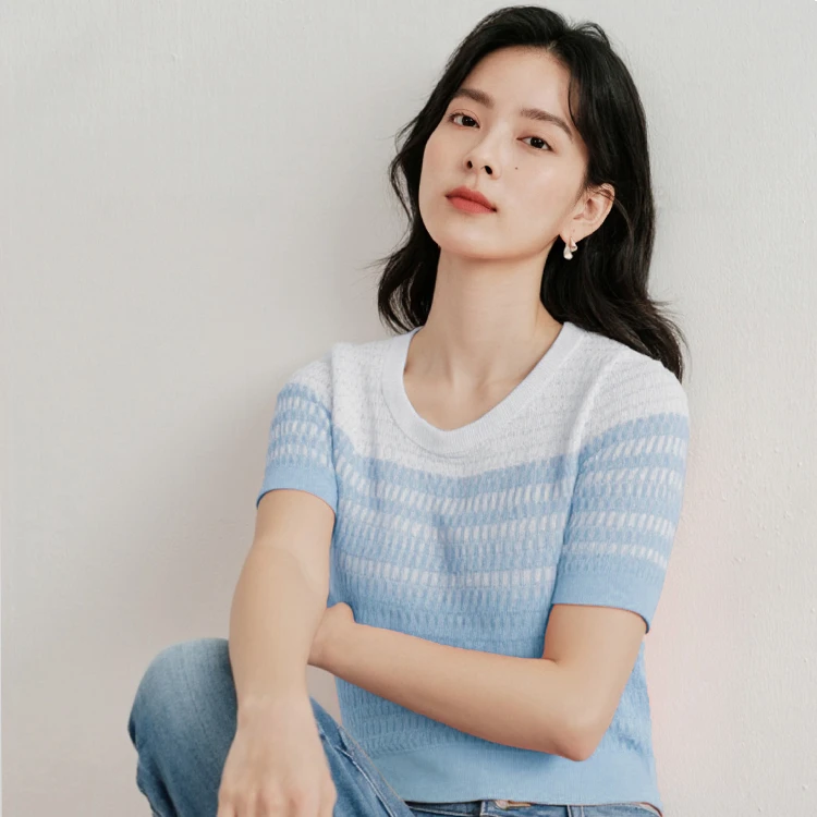 【欧若风新品】茵曼夏季丁达尔渐变短袖针织衫宽松设计感圆领短上衣