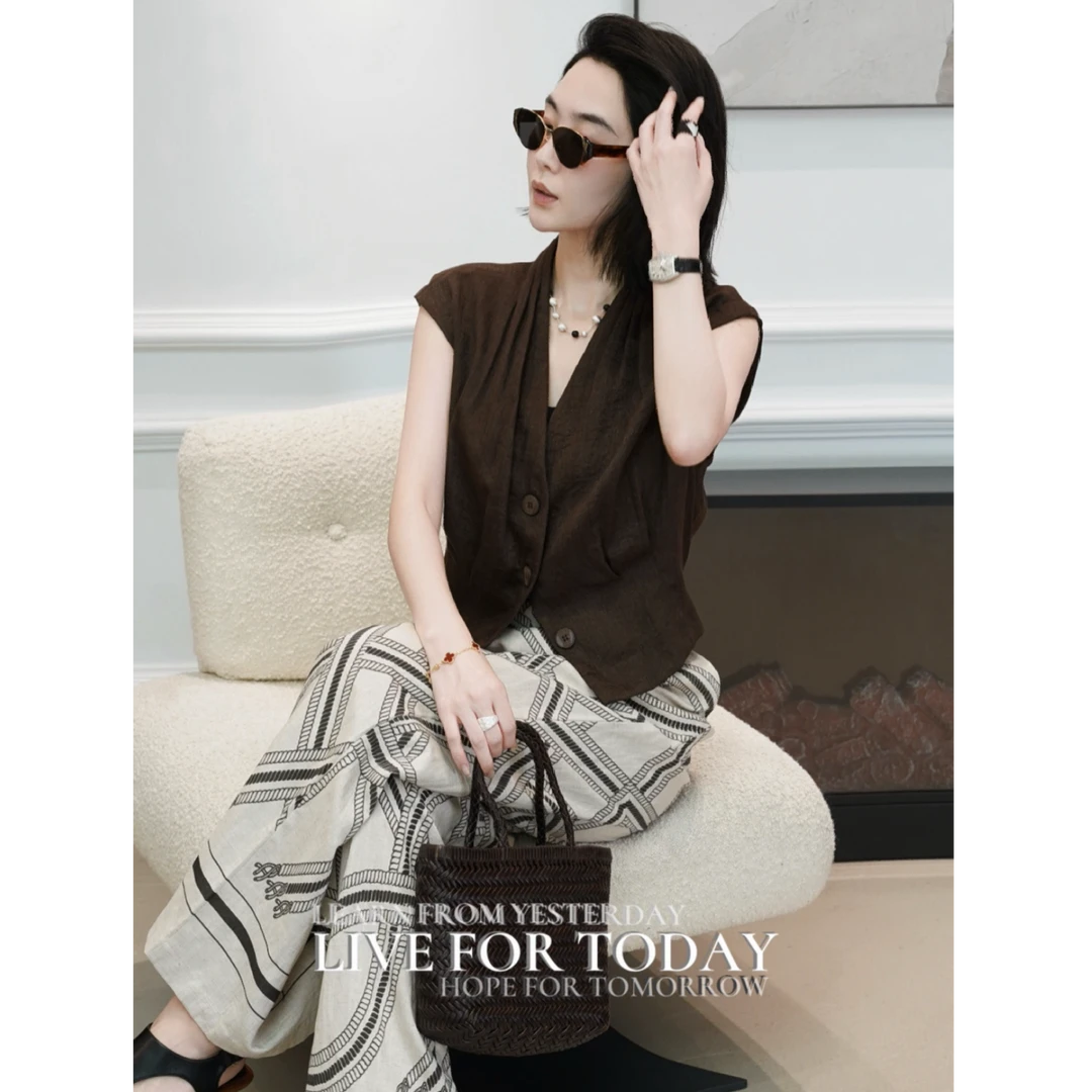 【风姿优雅】MORELAN高级气质单排扣显瘦V领亚麻无袖上衣XM-250590