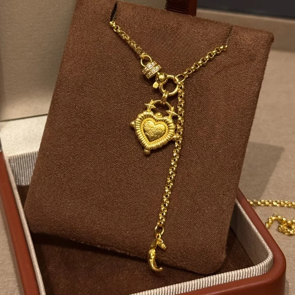 足金999饼干錾刻爱心黄金项链弯月万能链套链百搭按克送女友闺蜜