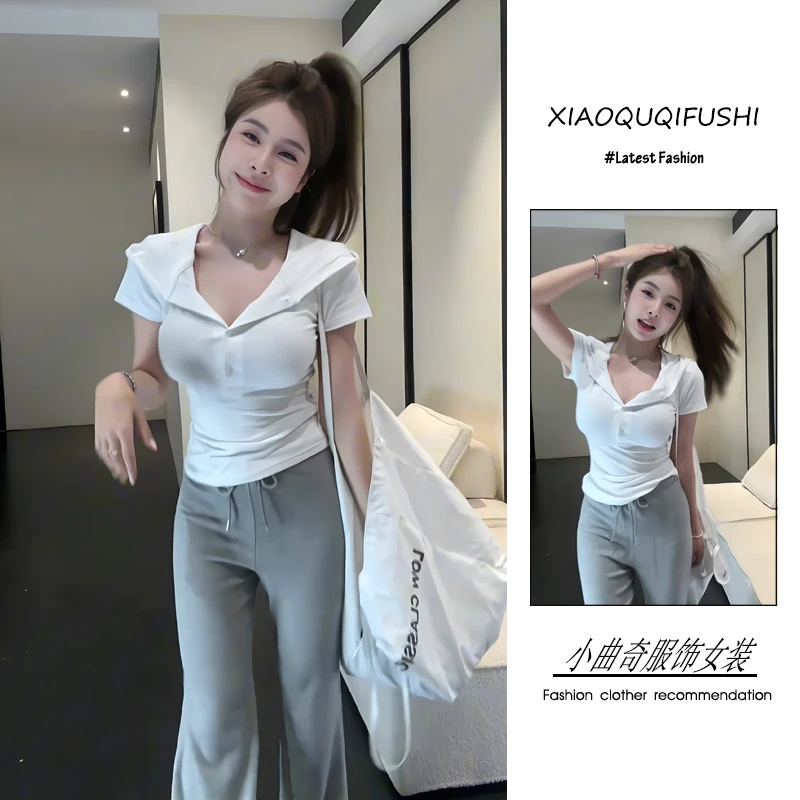 2025年夏季韩系运动风时尚潮流百搭精品女装连帽T恤休闲裤两件套