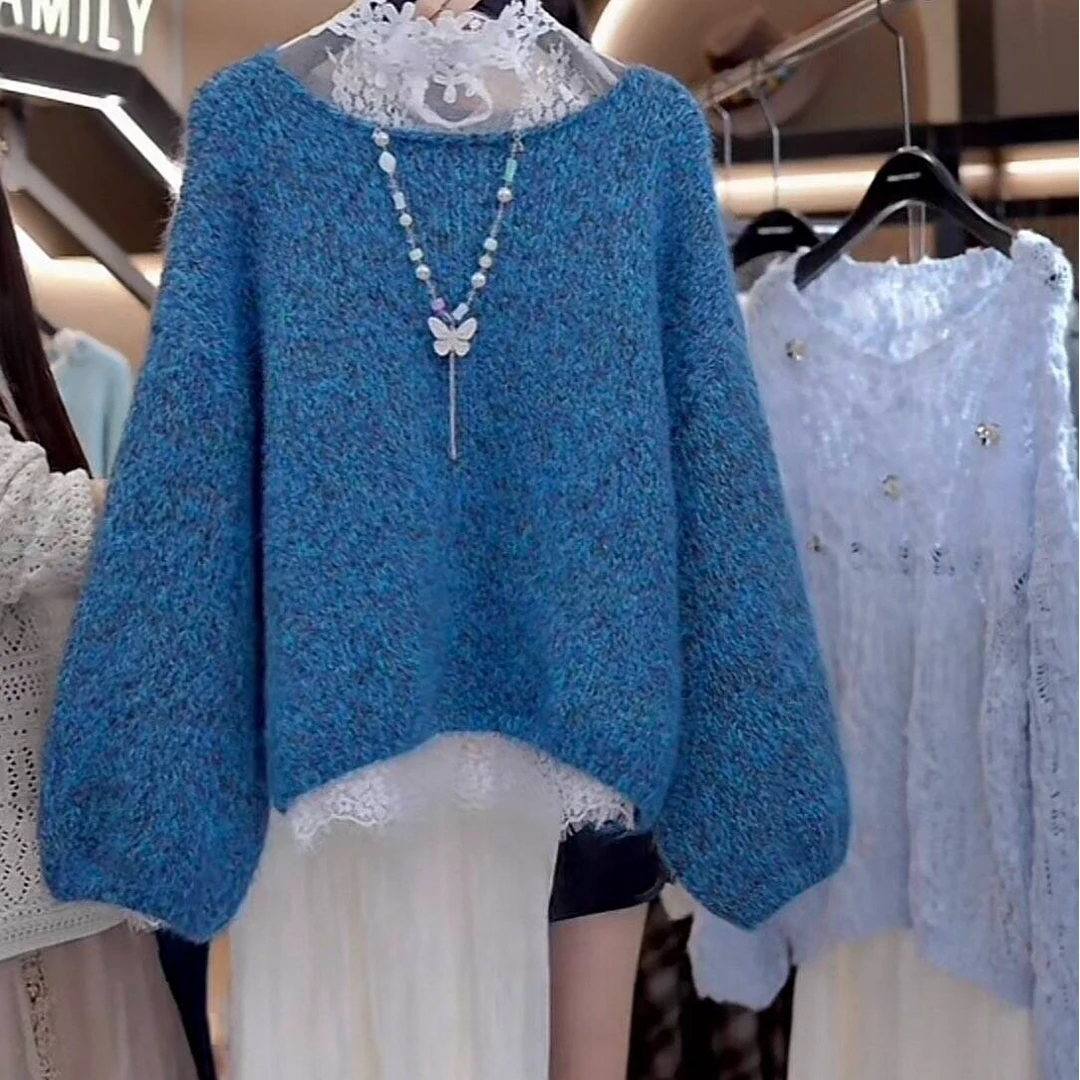 “海棠依旧”法式文雅气质圆领毛衣女叠穿钩花蕾丝高领打底衫套装